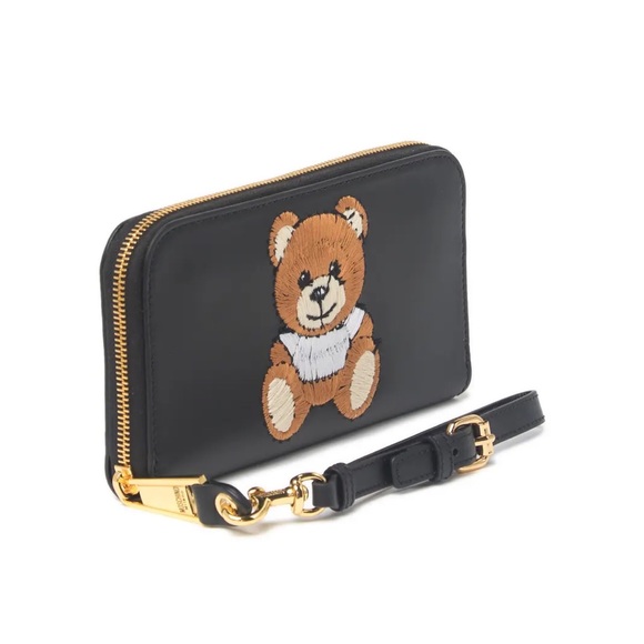 Moschino Handbags - New Moschino Bear Logo Embroidered Leather Wristlet Continental Wallet